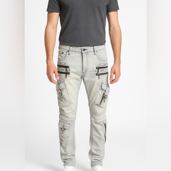 Robin’s Jean Men’s Moto Cargo Pants Size 30 Light Wash Multi-Zip Buckle Straps - Picture 1 of 9